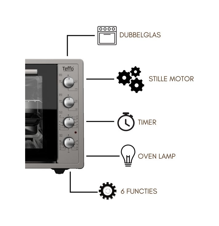 Teffo Vrijstaande Oven 70 Liter – 2000W – Hetelucht Turbo-fan – Elektrische Oven – Grijs